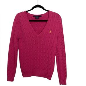 Ralph Lauren Sport blue label pink cable V neck sweater with logo